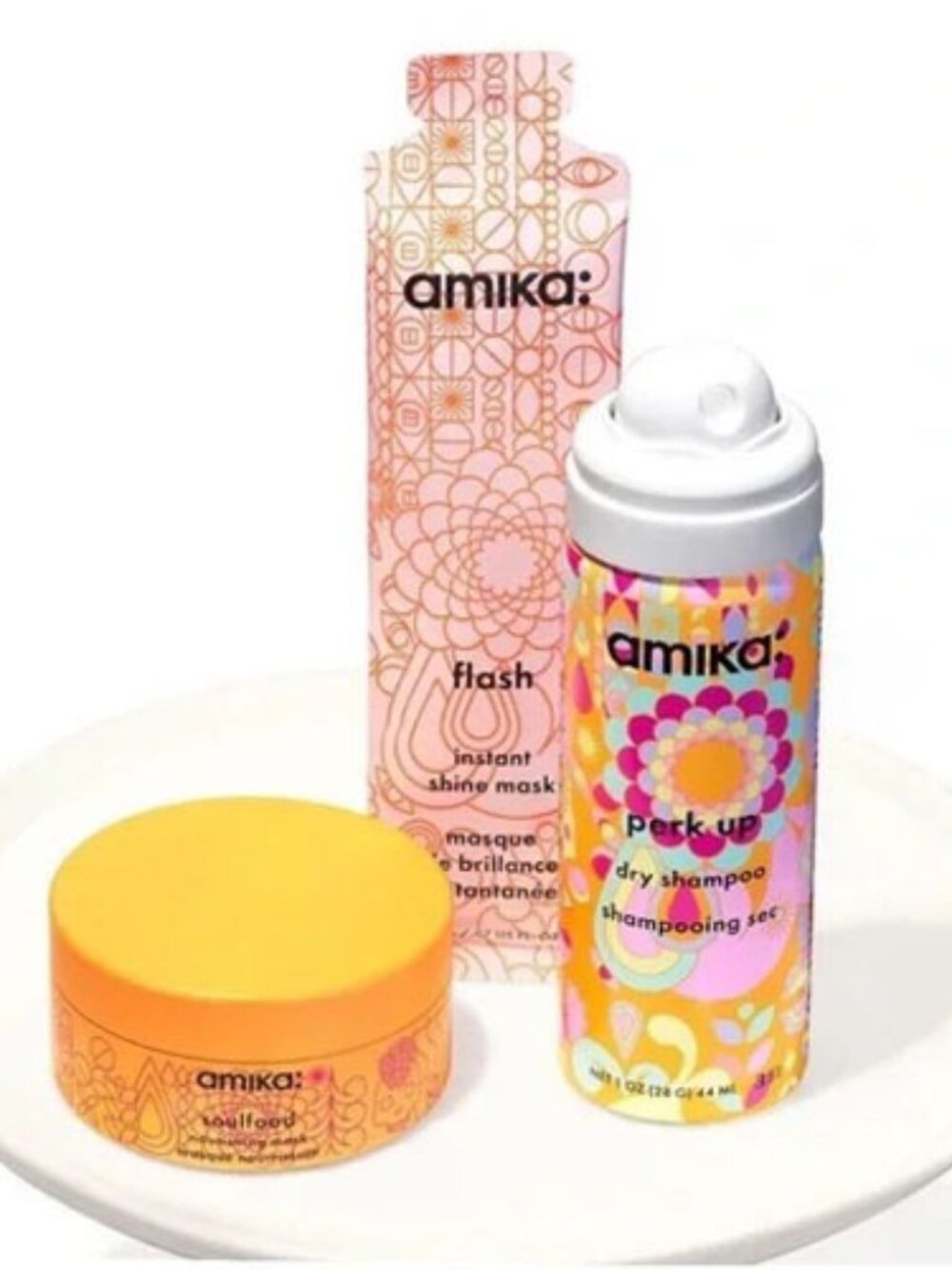 Amika Mini Haircare Set PerkUp Dry Shampoo Soulfood Mask Flash Instant Shine NEW